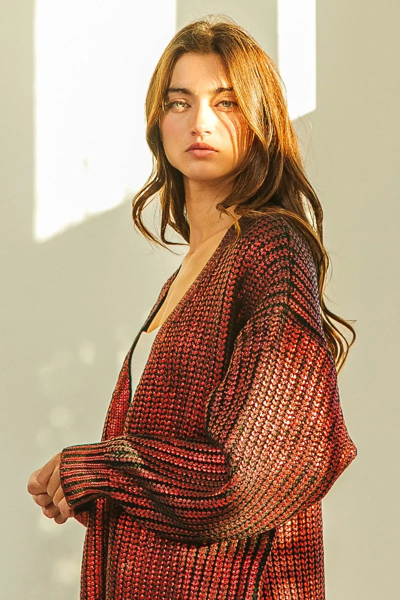 Metallic Knit V-neck Open Sweater Cardigan