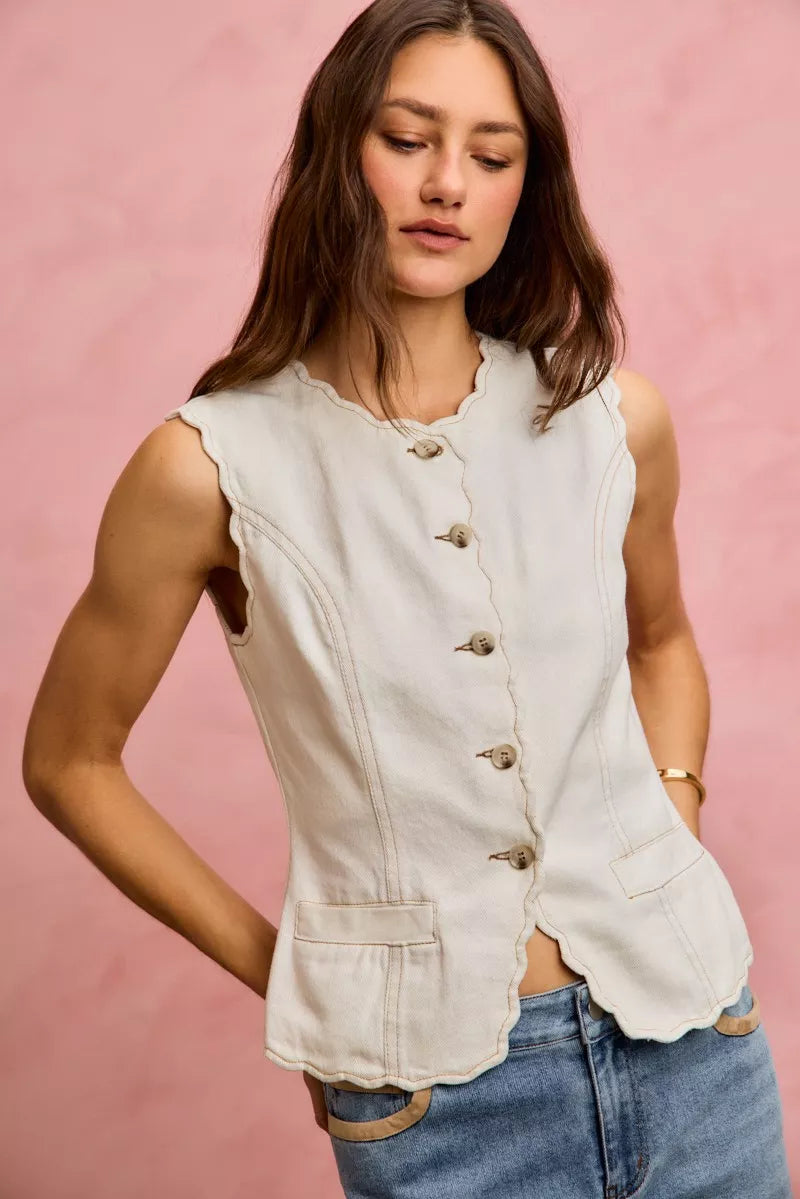 Scalloped Edge Cotton Twill Washed Vest Top