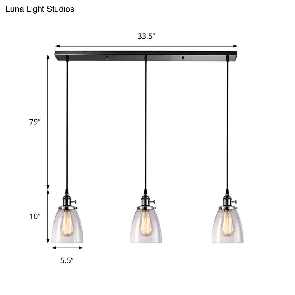 DecorBites™ Farmhouse Multi-Pendant Light Fixture with Ribbed Clear Glass Shades for Dining Room: Linear Canopy, 3 Cone Lights