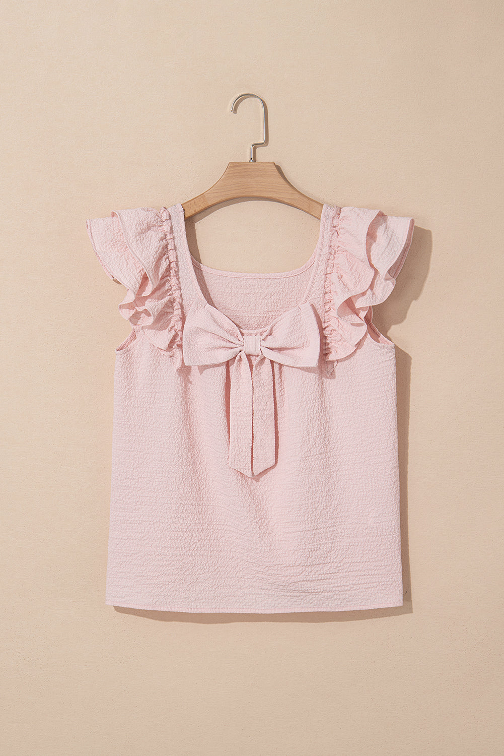 Beige Textured Bow Frilled Ruffle Sleeve Blouse