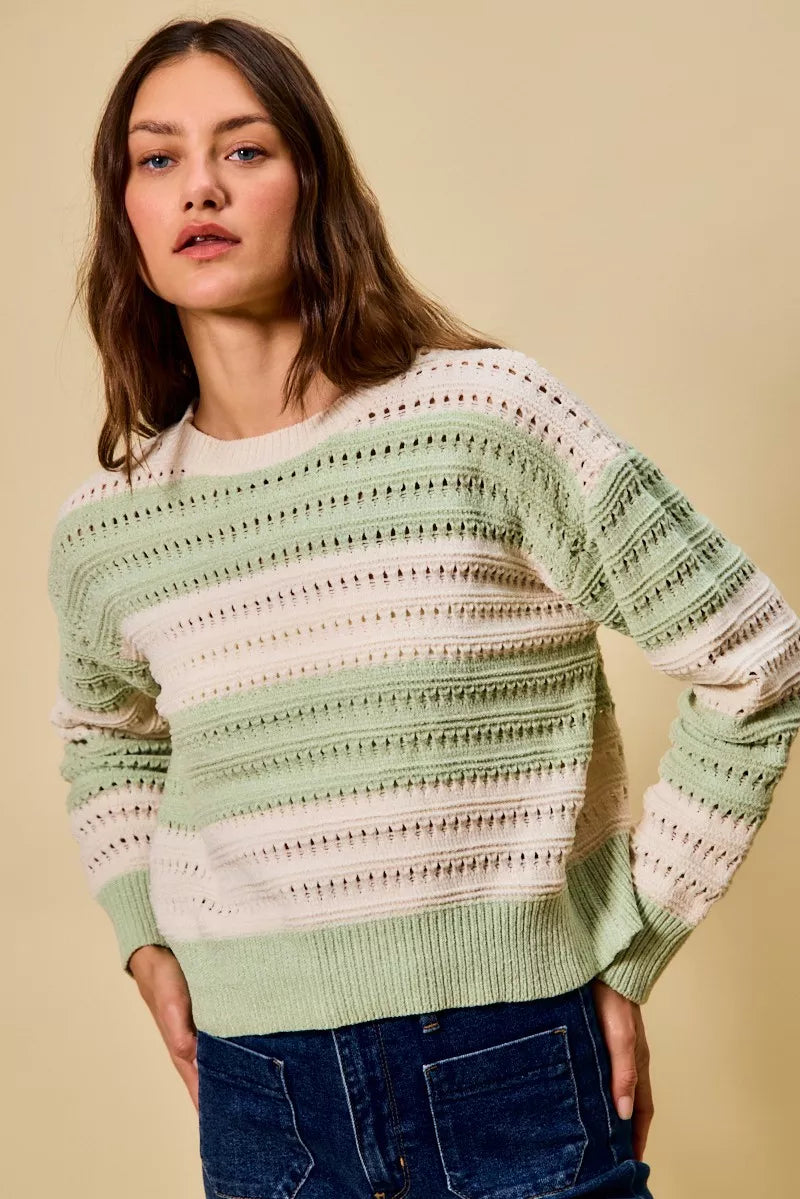 Openwork Round Neck Wide Stripe Textured Sweater