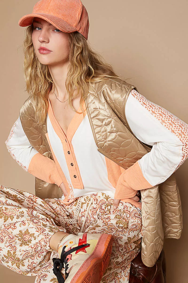 Front Zipper Floral Pattern Quilted Vest Coat with Front Pockets
