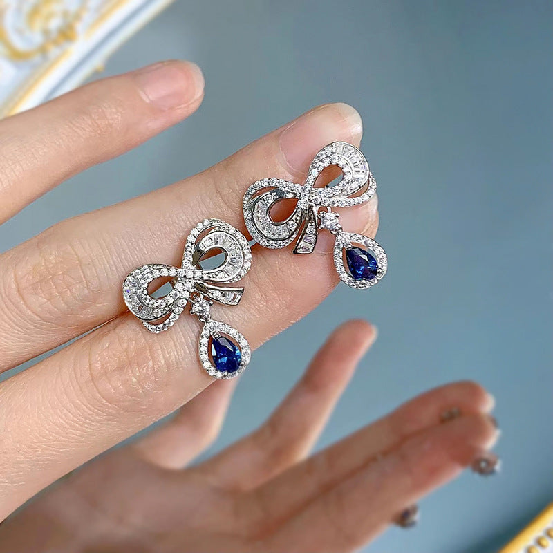 S925 Silver Water Drop Bow Earrings