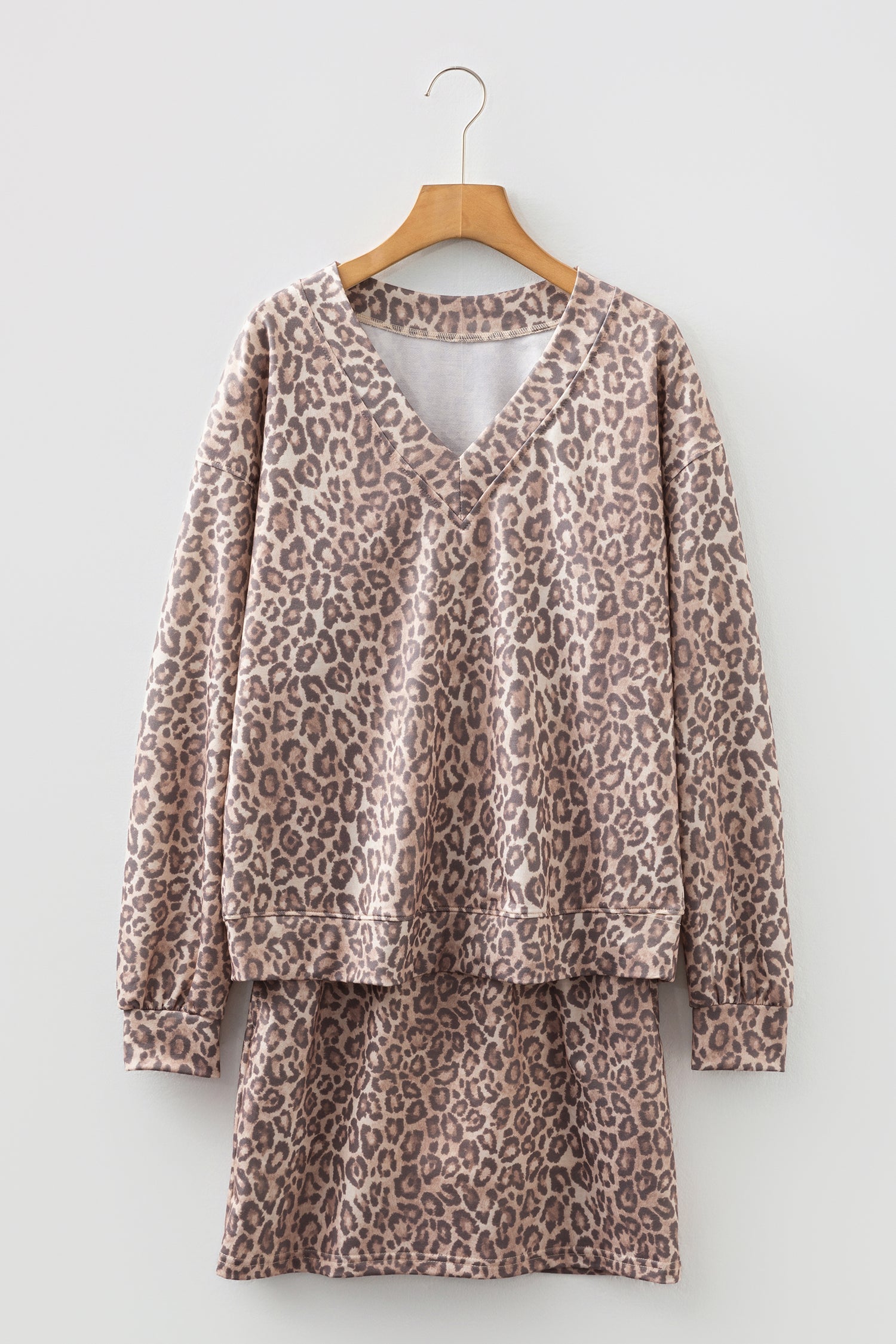 Light French Beige Leopard Print V Neck Pullover Mini Skirt 2pcs Set