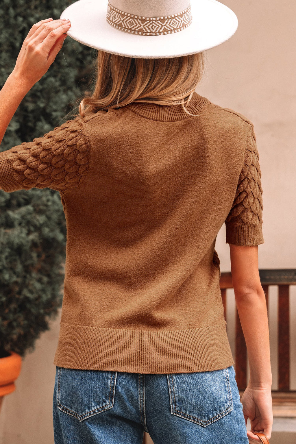 Straw Yellow Fish Scale Textured Knit Ribbed High Neck Short Sleeve Sweater