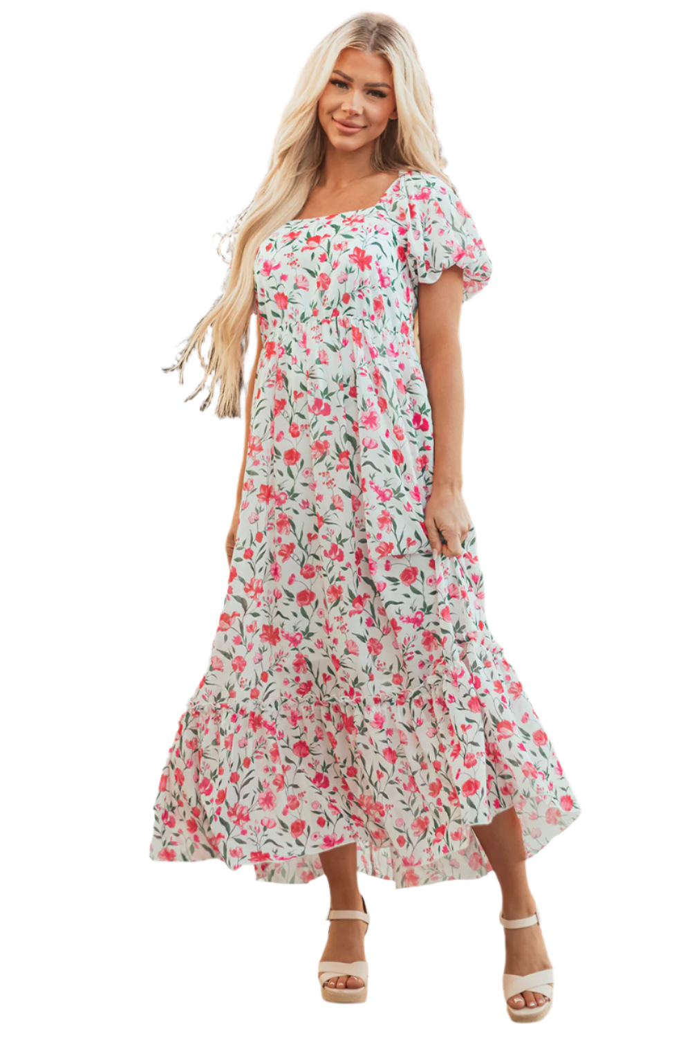 Pink Floral Puff Sleeve Square Neck Empire Waist Tiered Maxi Dress