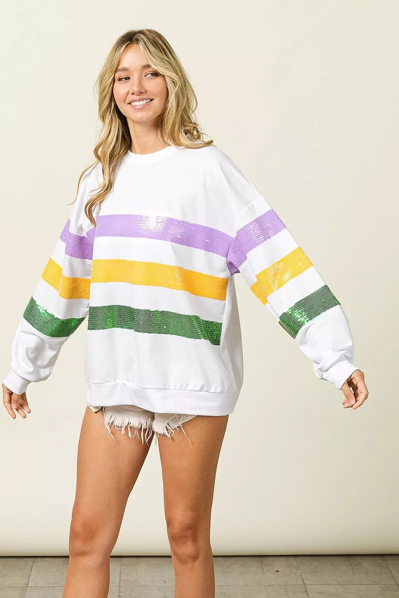 Sequin Mardi Gras Striped Round Neck Sweatshirt