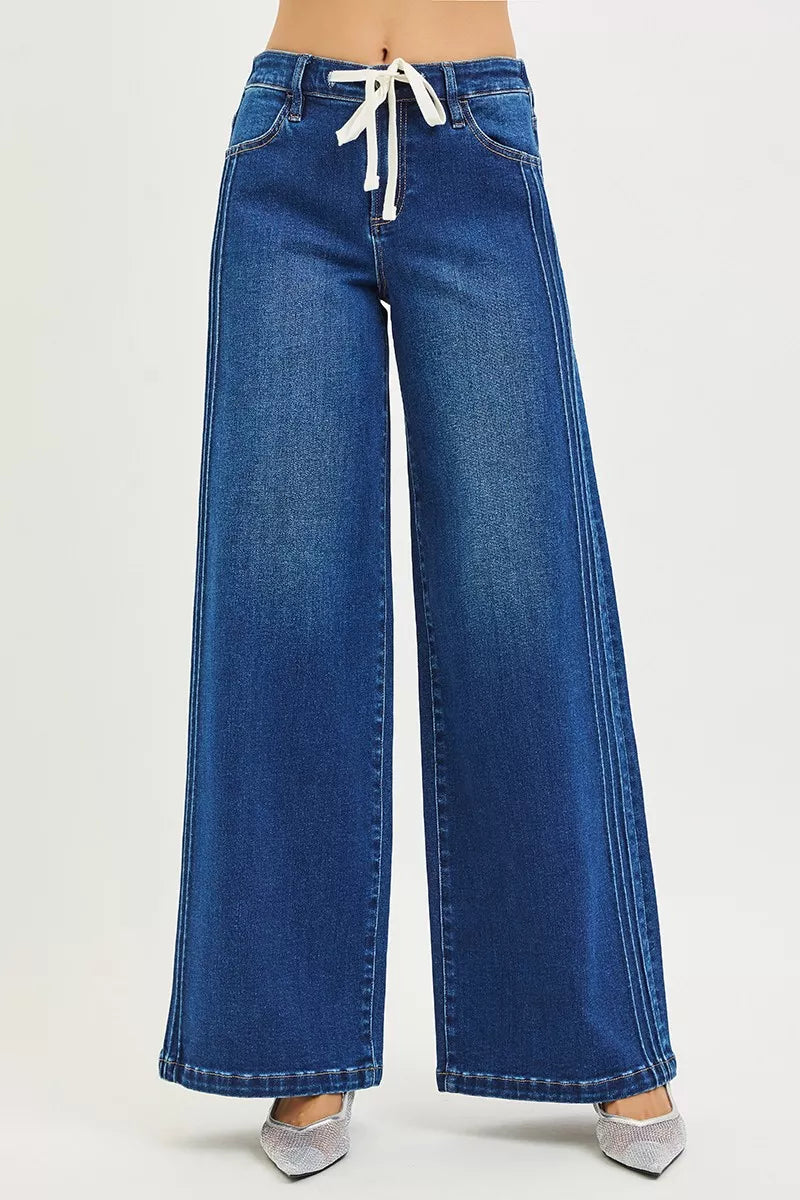Full Size Mid Rise Wide Side Pintuck Jeans with Front Drawstring Plus Size