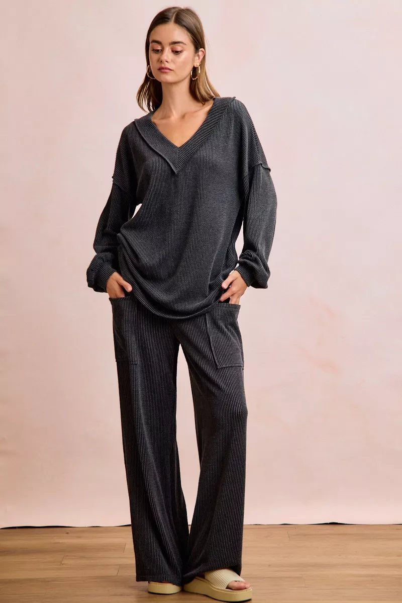 Two Tone Cord Rib Contrast Stitching V-Neck Top and Pants Set
