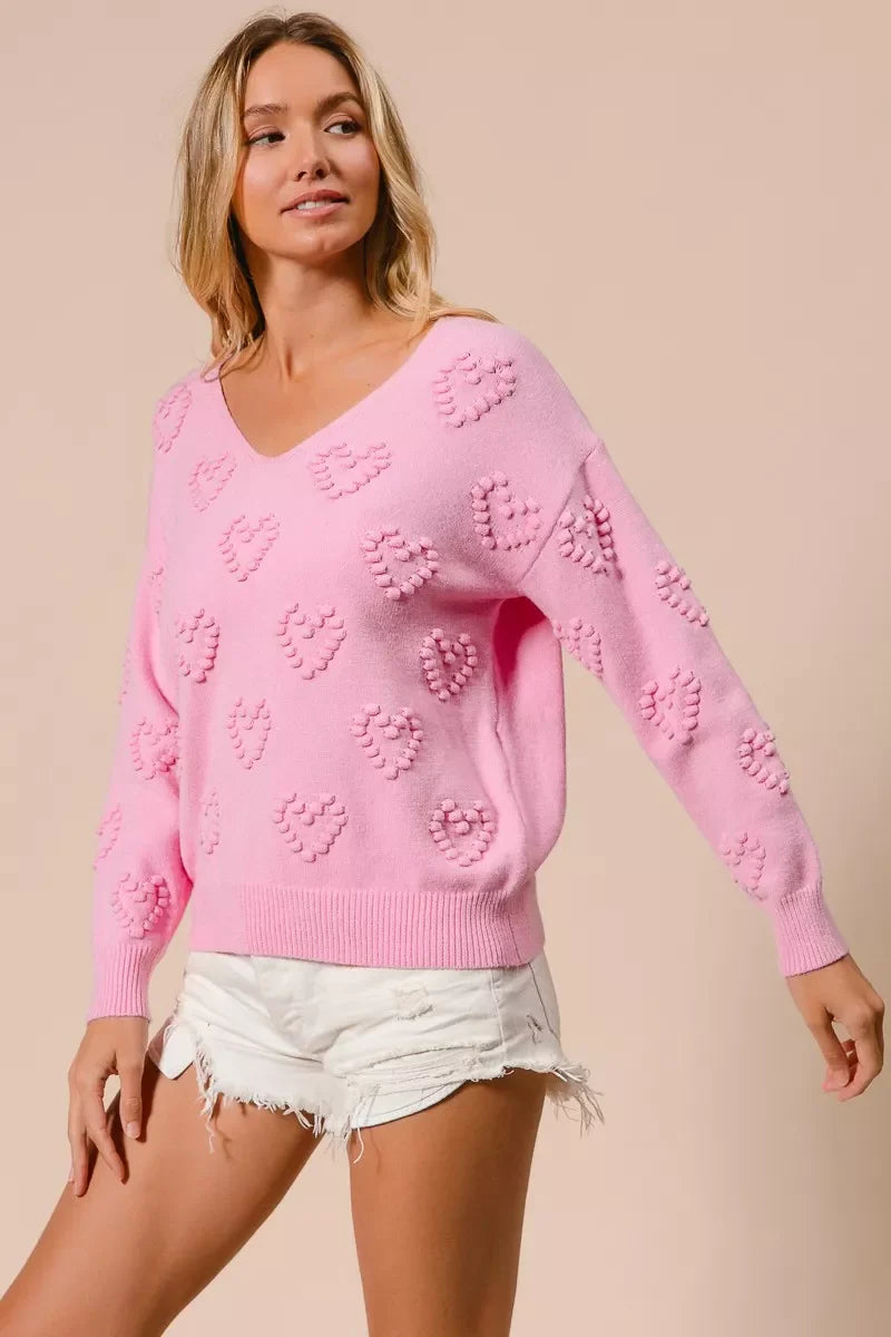 Valentines Heart Pompom V Neck Knit Top