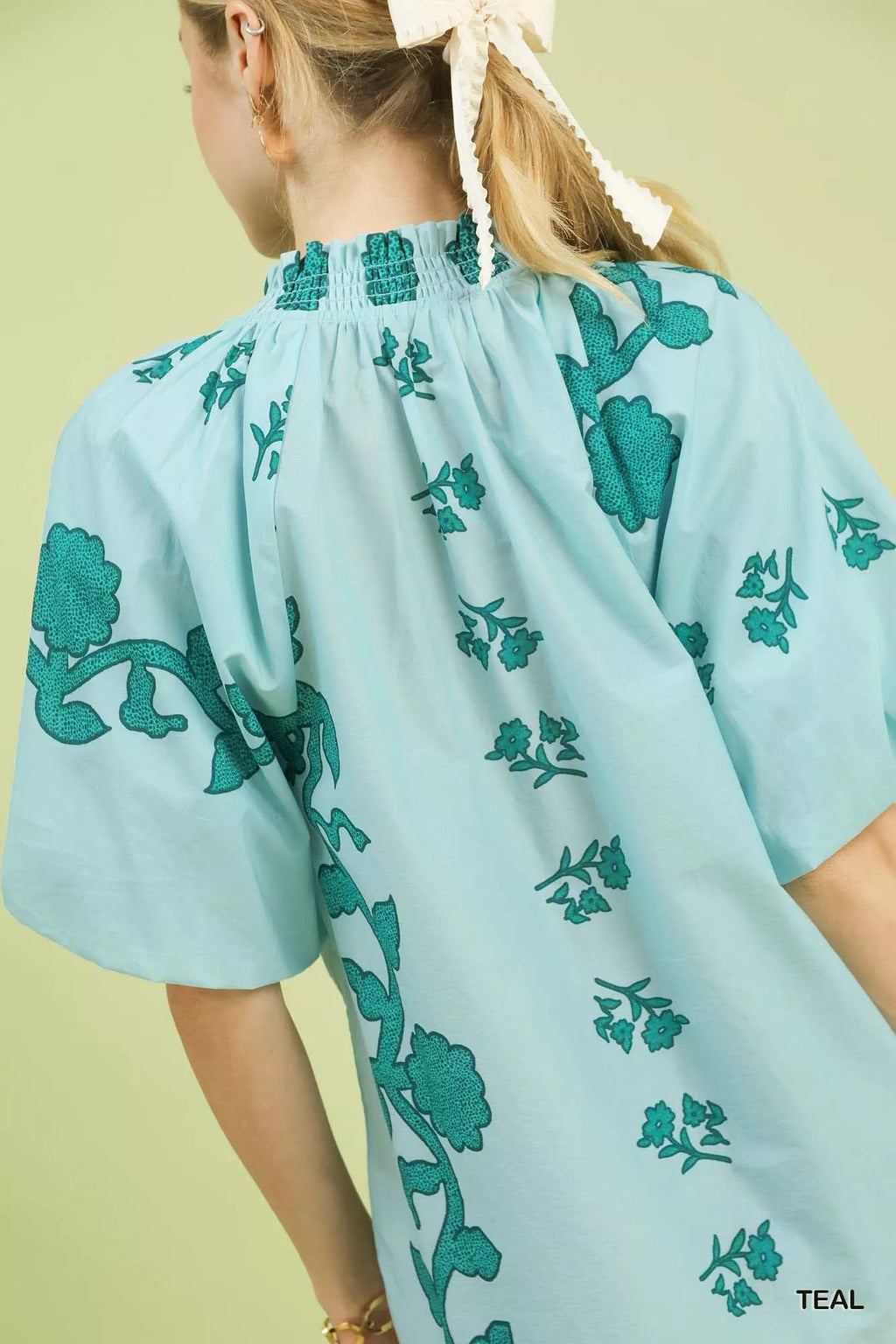 Floral Smocked Notched Puff Sleeve Blouse