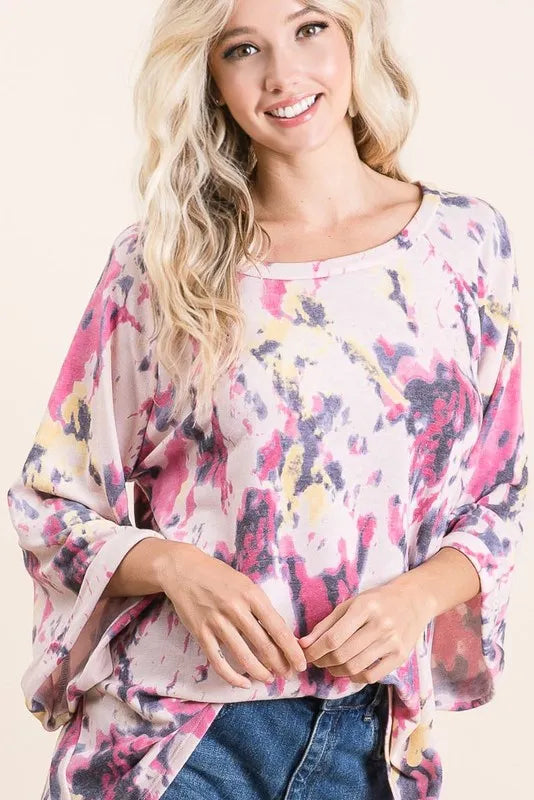 Tie Dye Print Terry A Line Top with Bell Sleeves