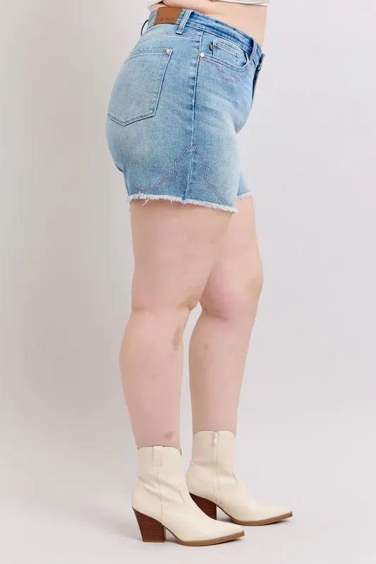 Full Size High Waist Western Embroidery Detail Cut Off Denim Shorts Plus Size