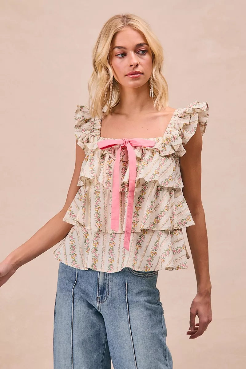 Floral Printed Woven Front Bow Tied Ruffled Square Neck Sleeveless Top