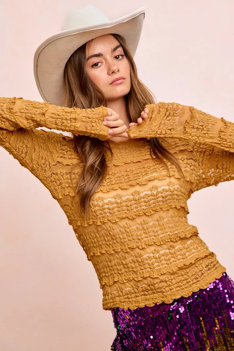 Ruffles Detail Mardi Gras Color Flower Lace Top