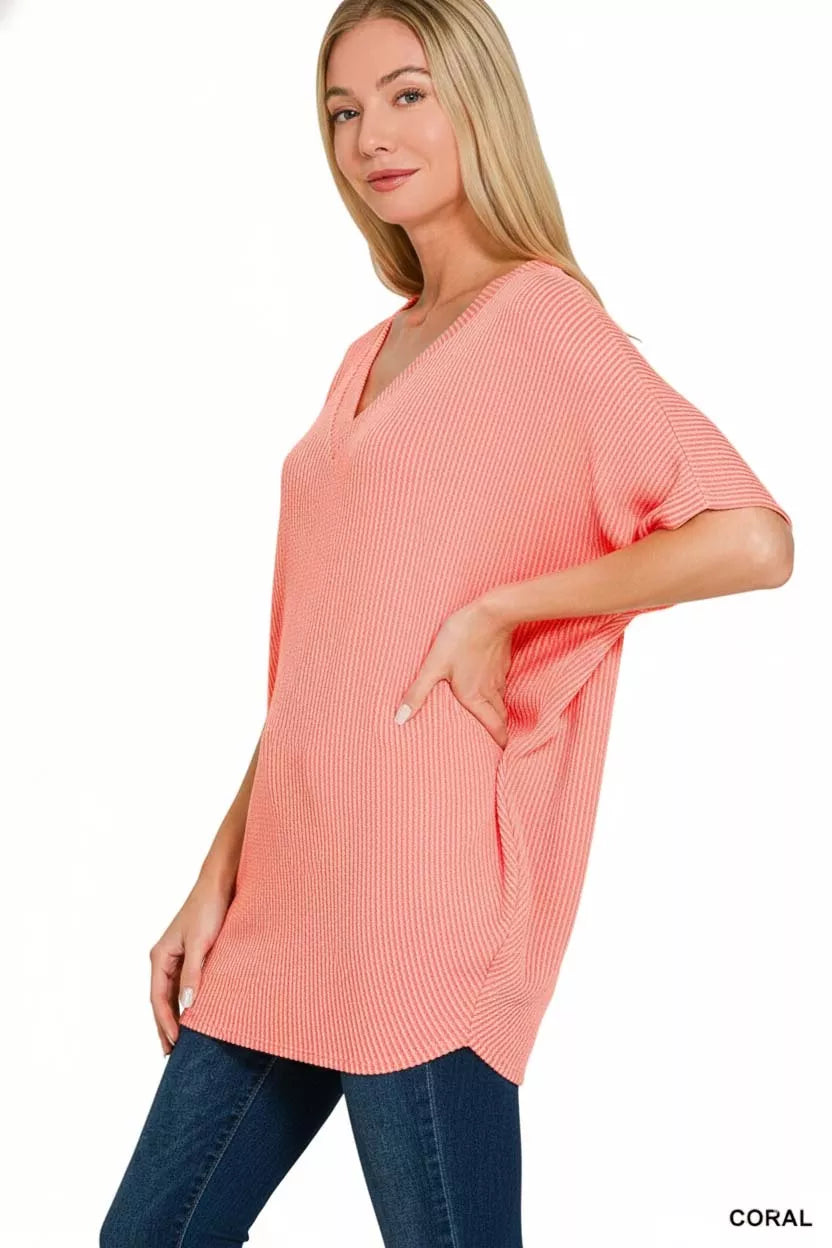 Raised Rib V-Neck Batwing Top