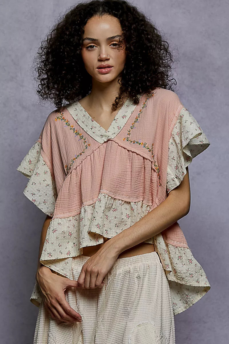 Floral V-Neck Short Sleeve Ruffled Double Gauze Blouse with Embroidery Detail
