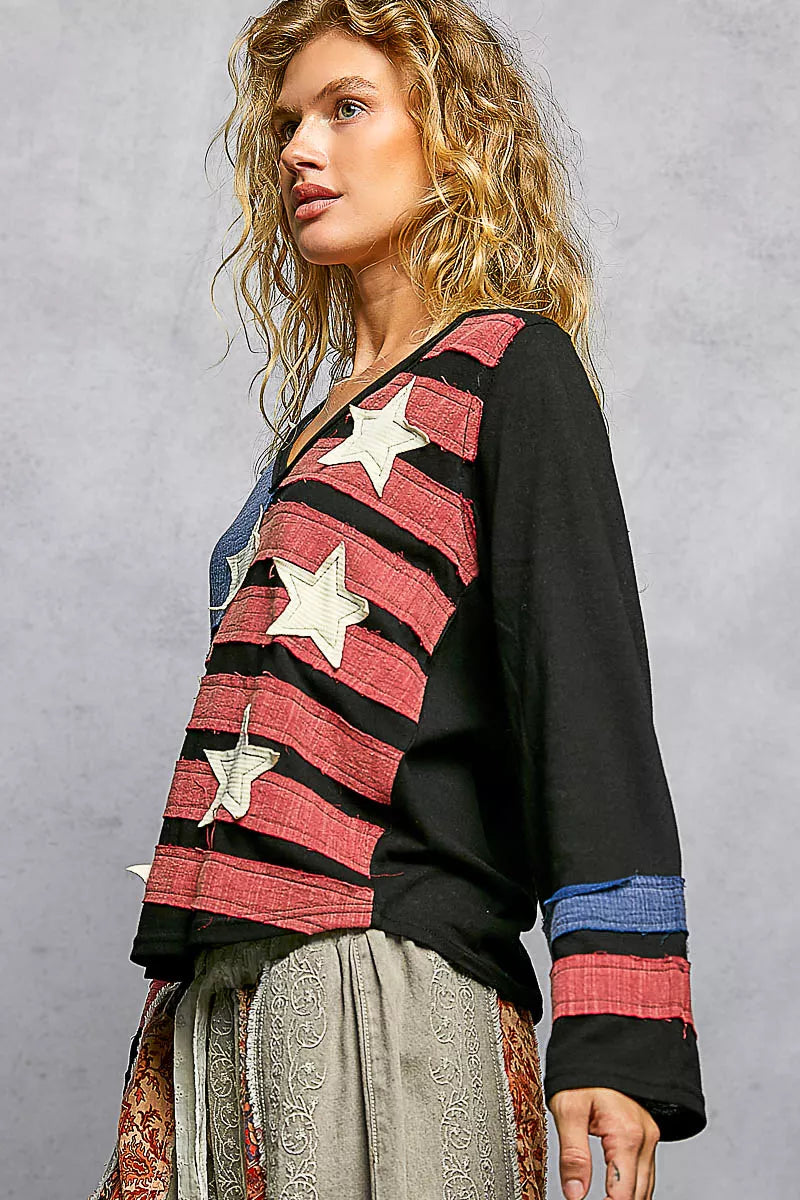 Double Gauze American Flag Patch V-Neck Long Sleeve T-Shirt