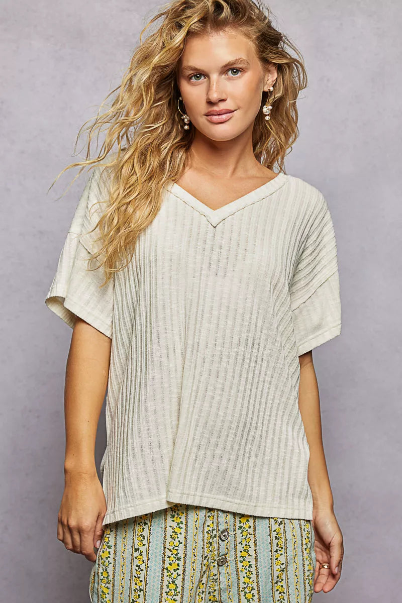 Ribbed Knit V-Neck Short Sleeve T-Shirt with Side Slit