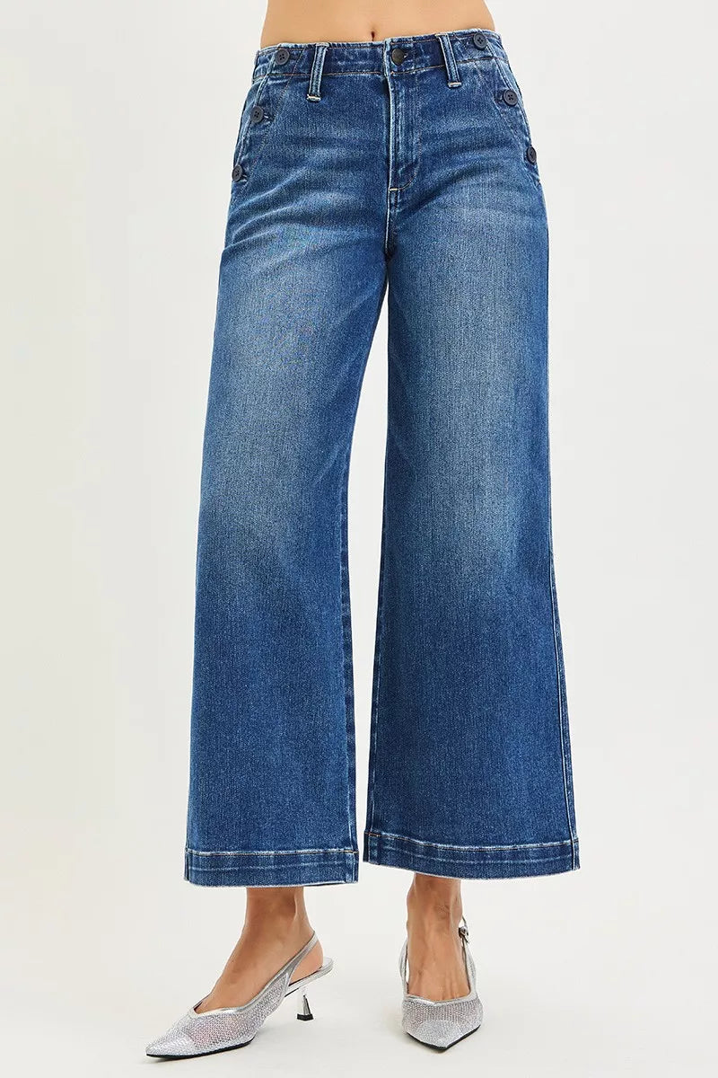 High Rise Wide Leg Jeans With Pocket Button Detail