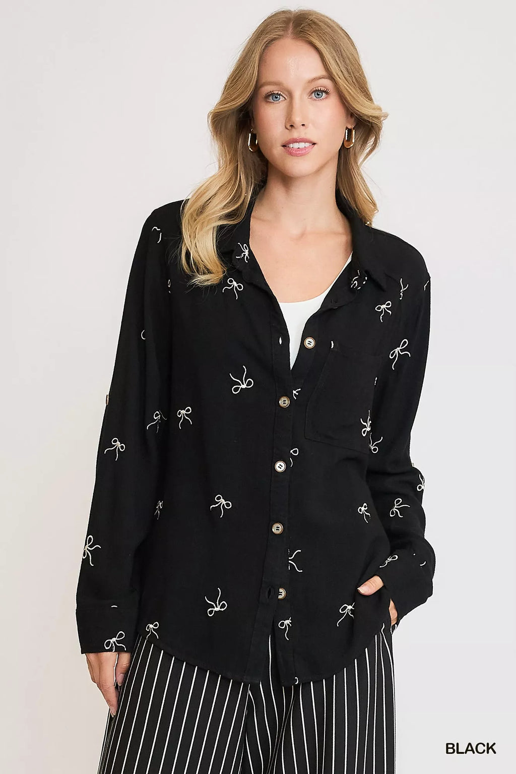 Linen Blend Fitted Shirt with Ribbon Embroidery Details