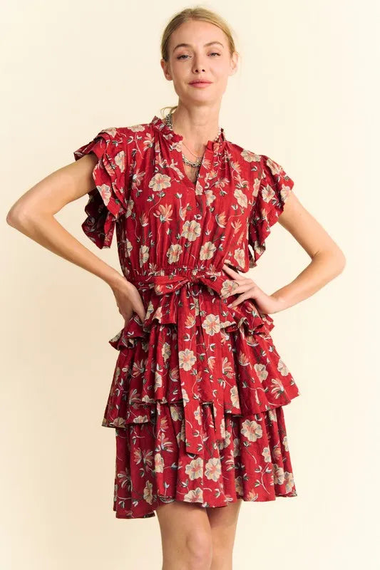Davi & Dani Ruffle Flutter Sleeve Tie Belt Tiered Mini Dress