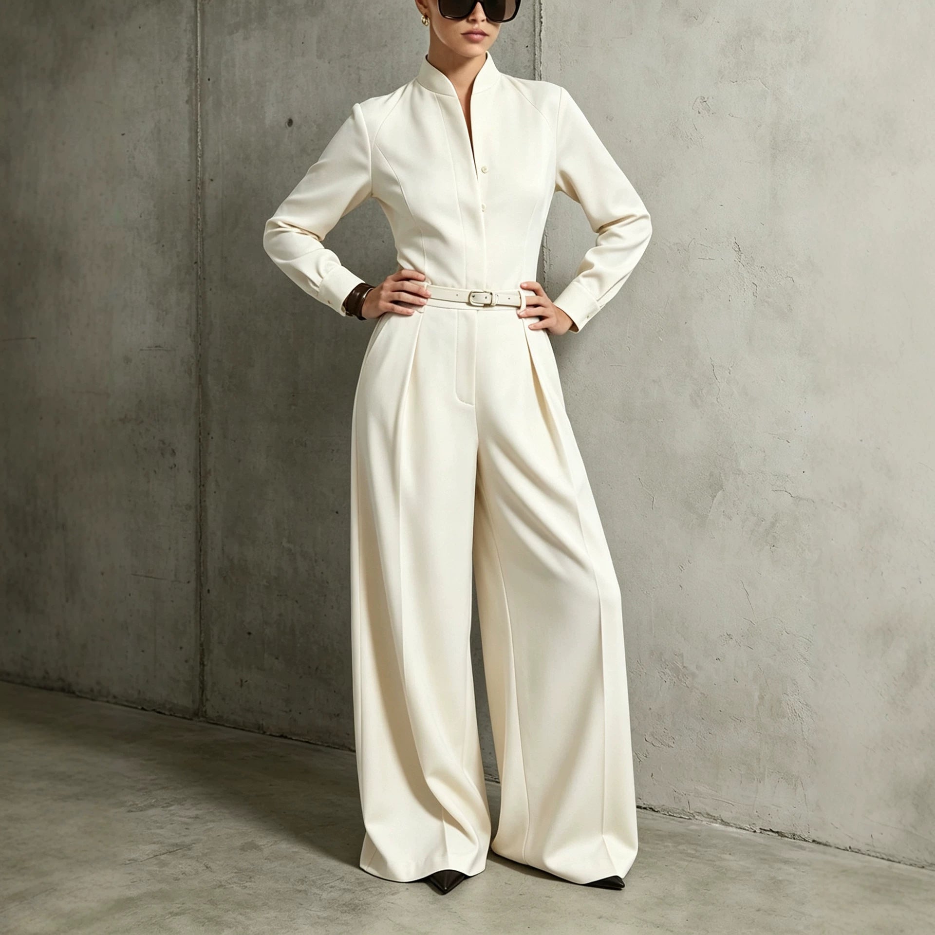 Women's Stand-Collar Long-Sleeve Wide-Leg Jumpsuit
