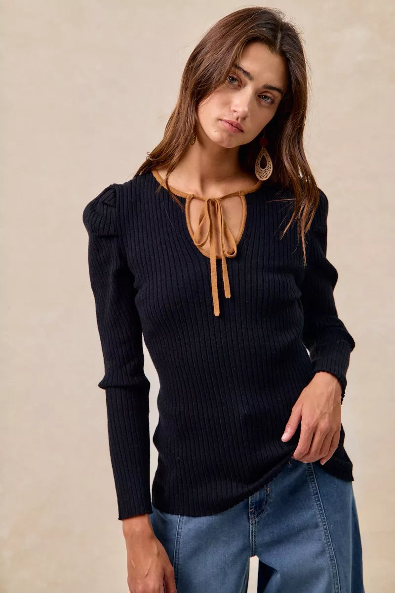 Ribbed Contrast Front Tied Top with Shrried