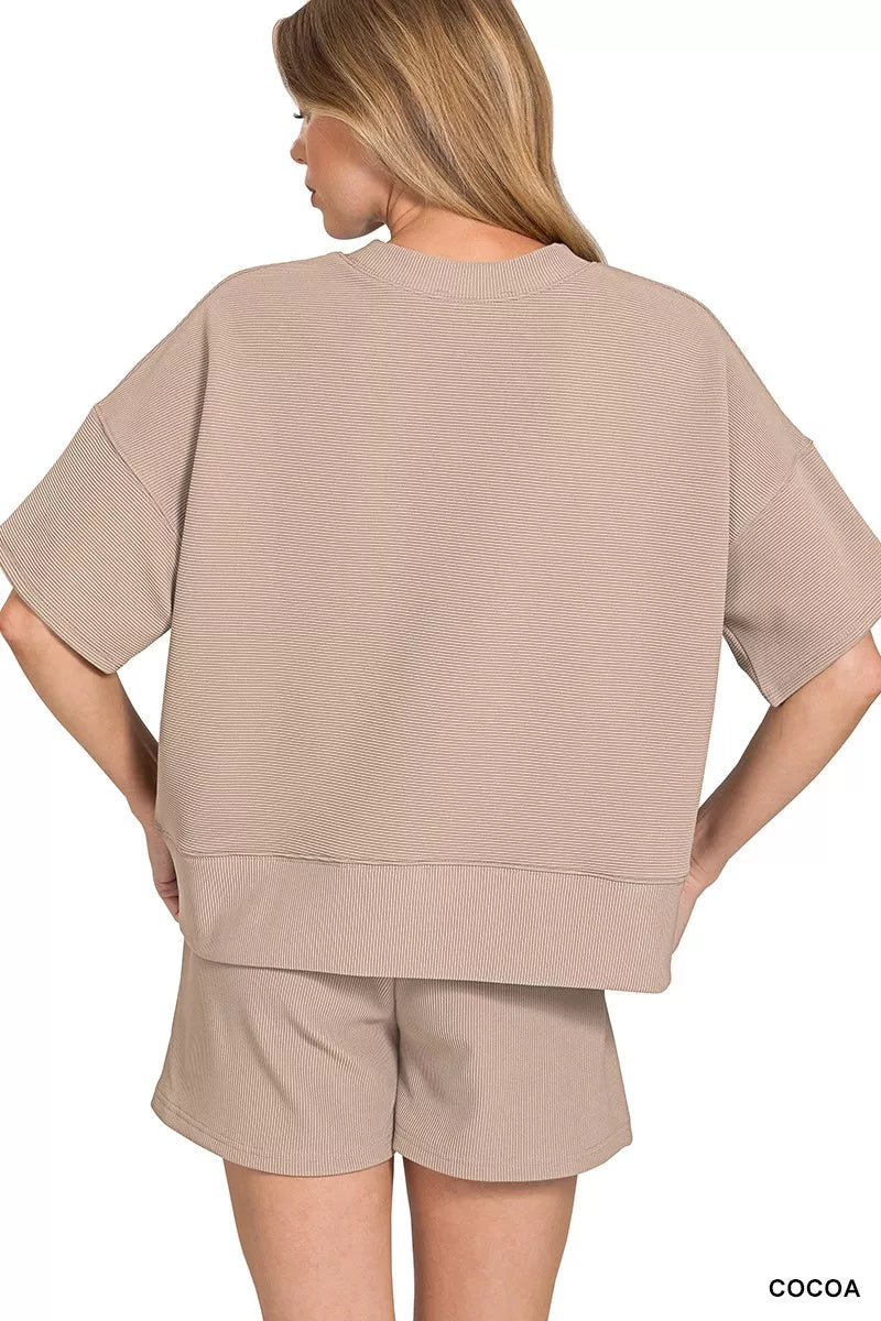 Ribbed Round Neck Waist Banded Tee & Shorts Set