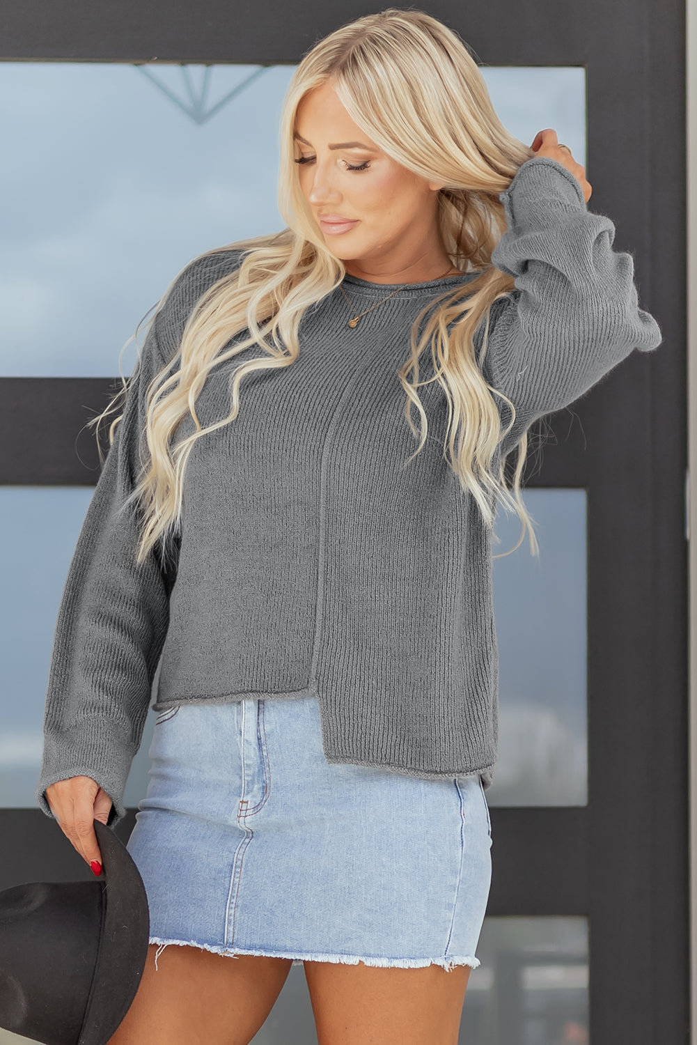 Medium Grey Raw Edge Uneven Hem Patchwork Drop Shoulder Sweater