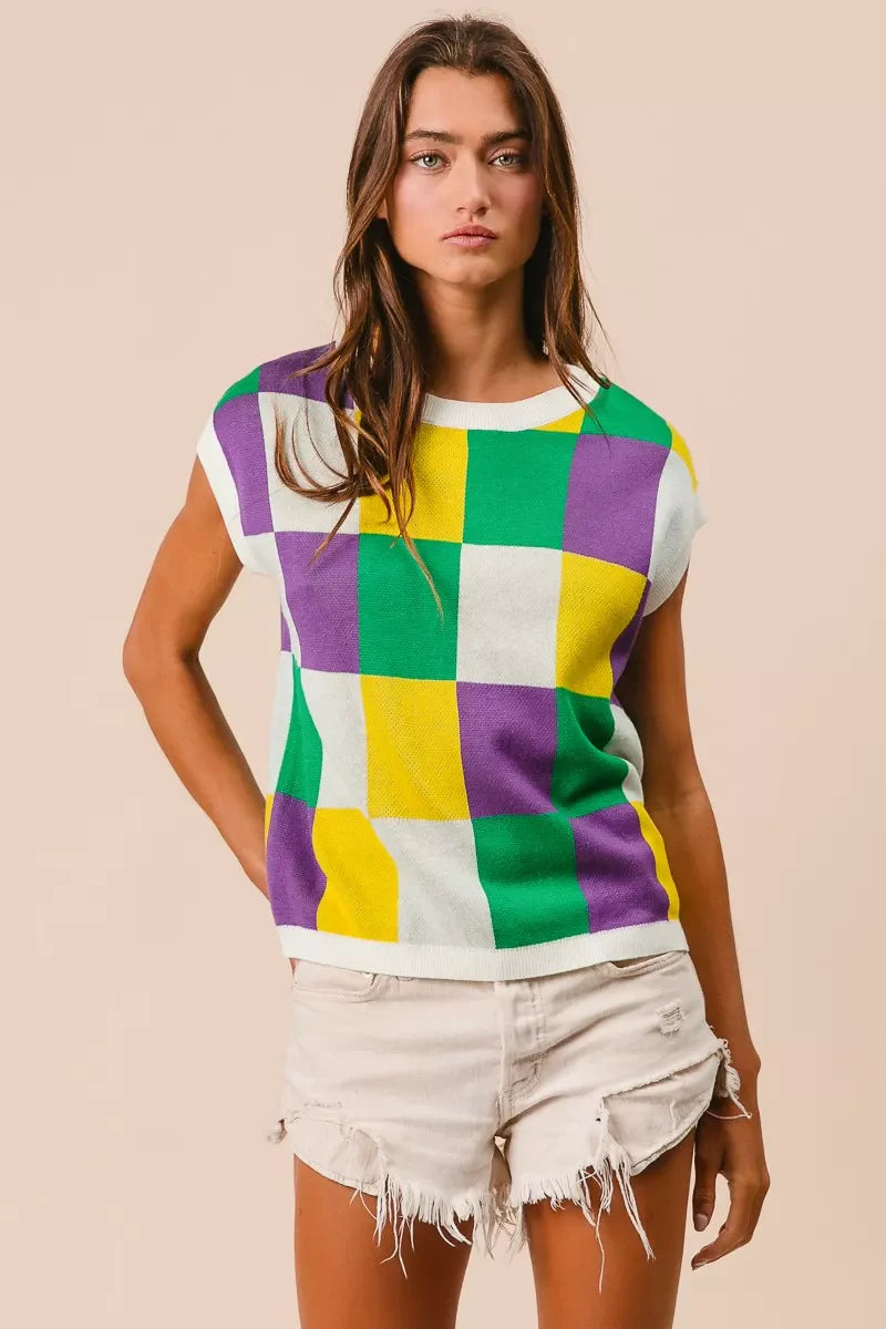 Mardi Gras Checker Pattern Sleeveless Sweater Top