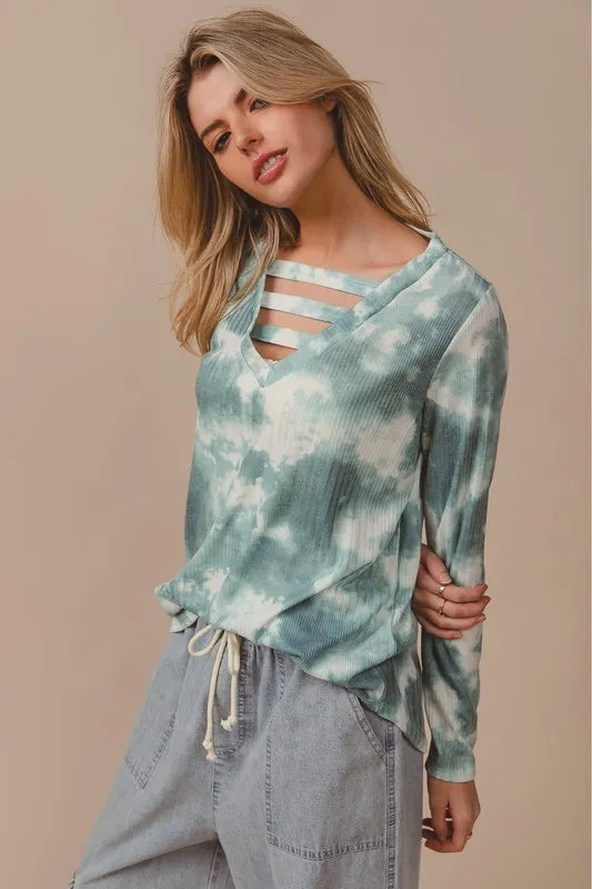 Variegated Tie Dye Rib V-Neck Top with Strapped