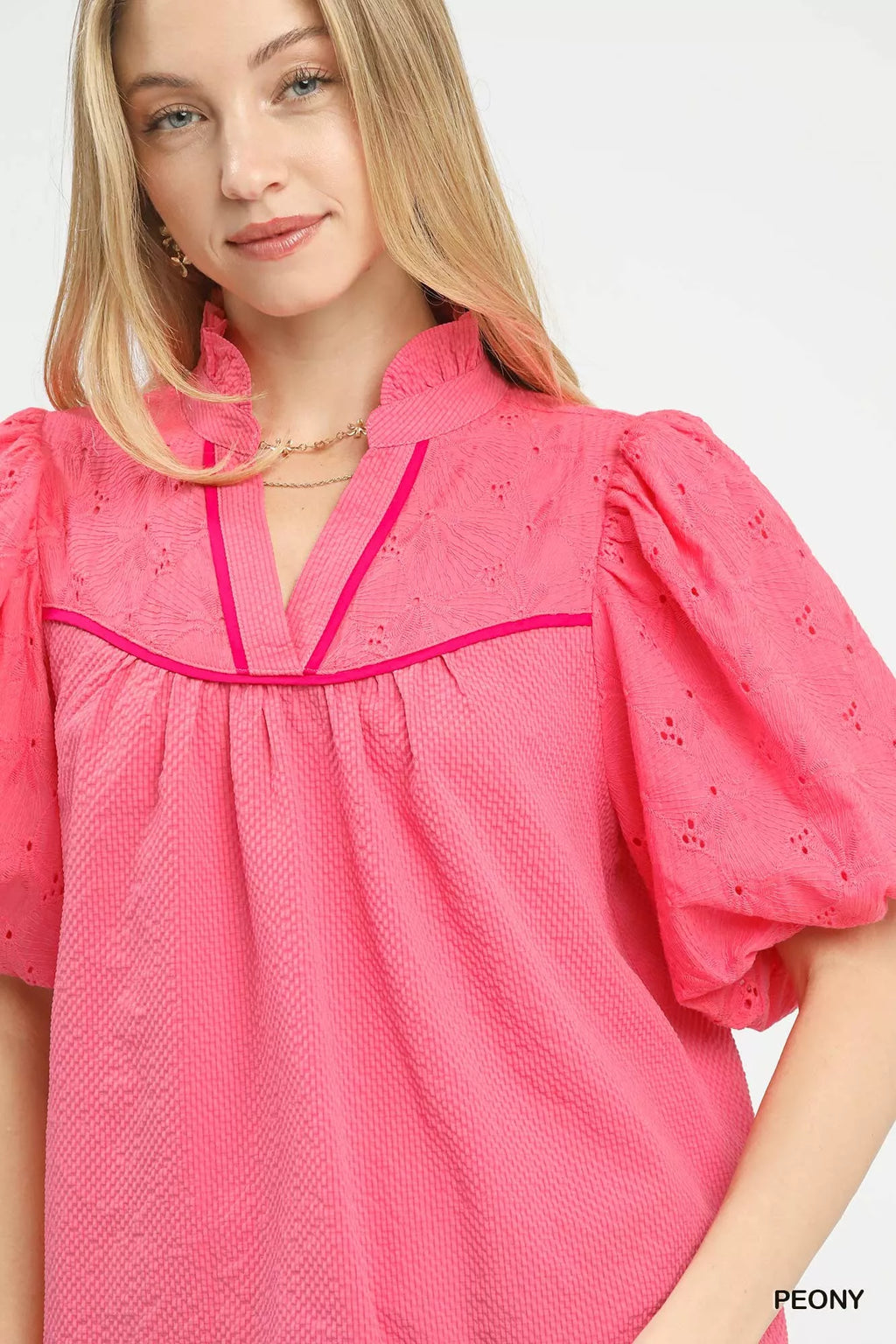 Puff Sleeve Eyelet Mix Top with Contrast Piping