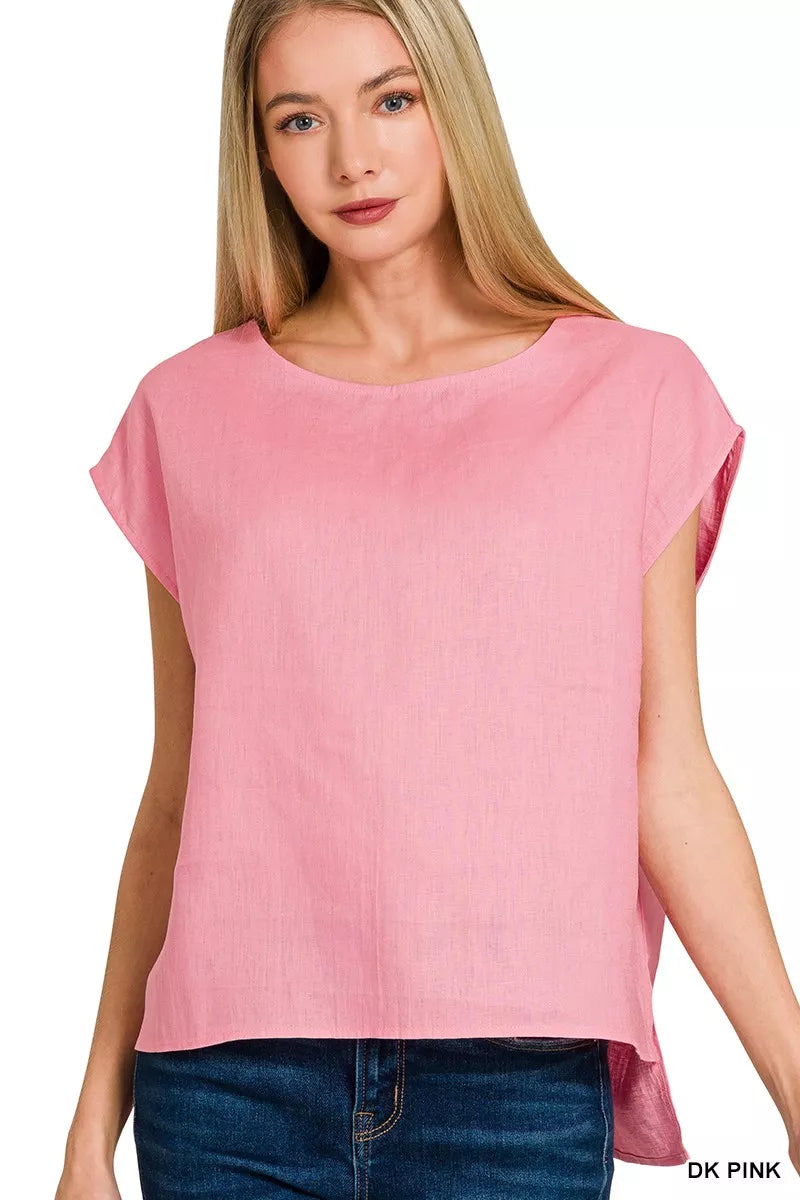 Linen Round Neck Cap Sleeve Top