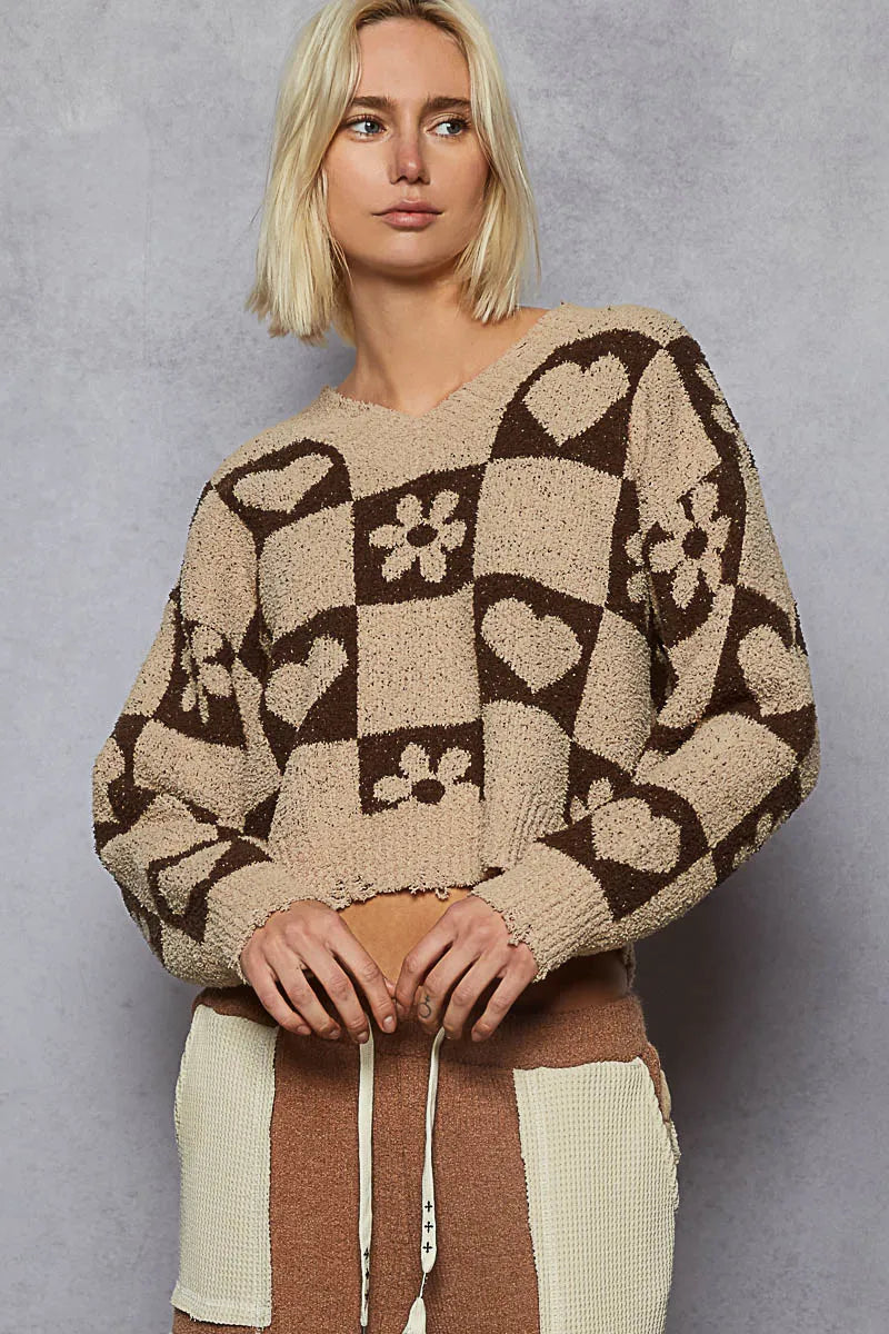 V-Neck Heart Pattern Checkered Sweater
