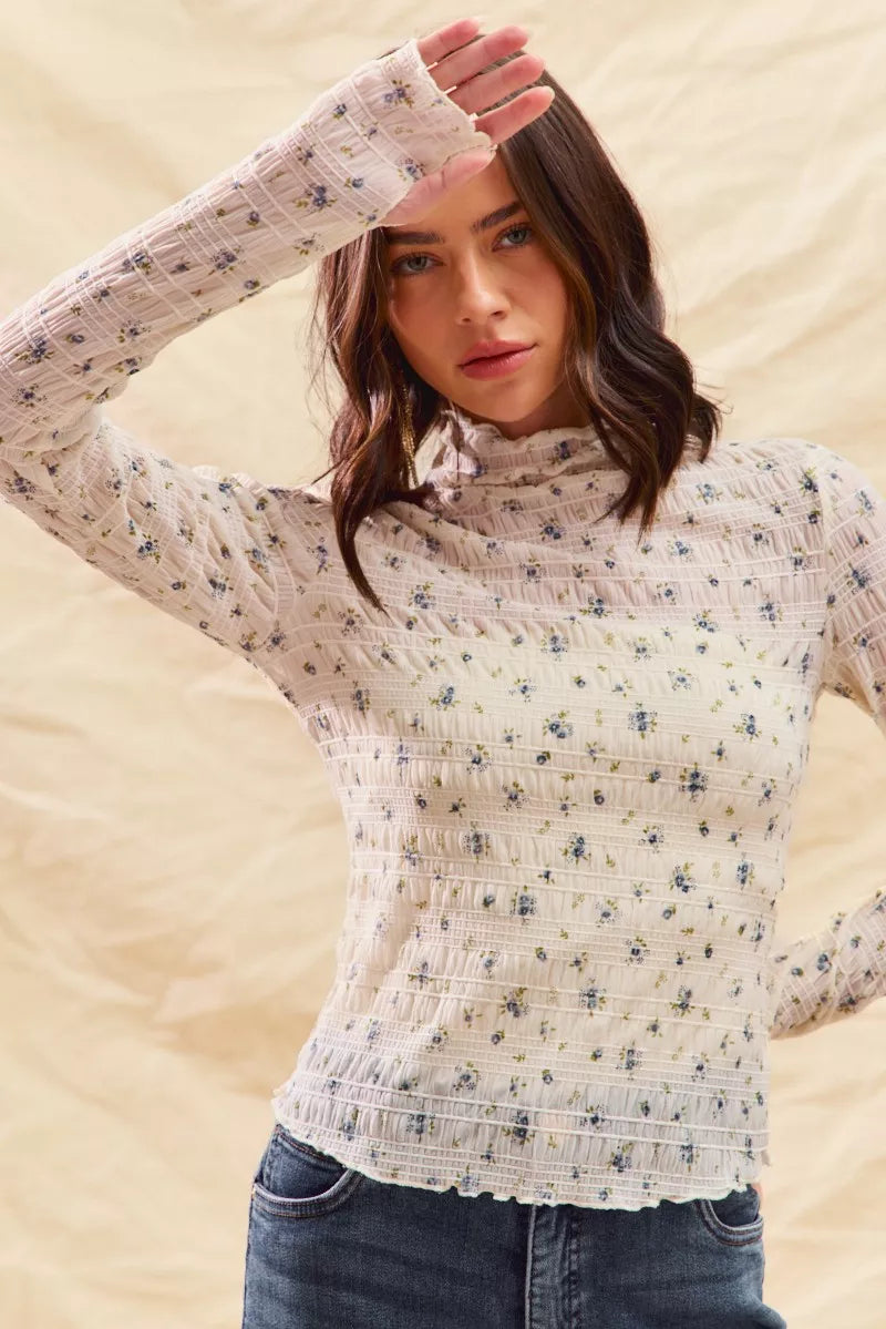 Floral Print Textured Long Sleeve Knit Top