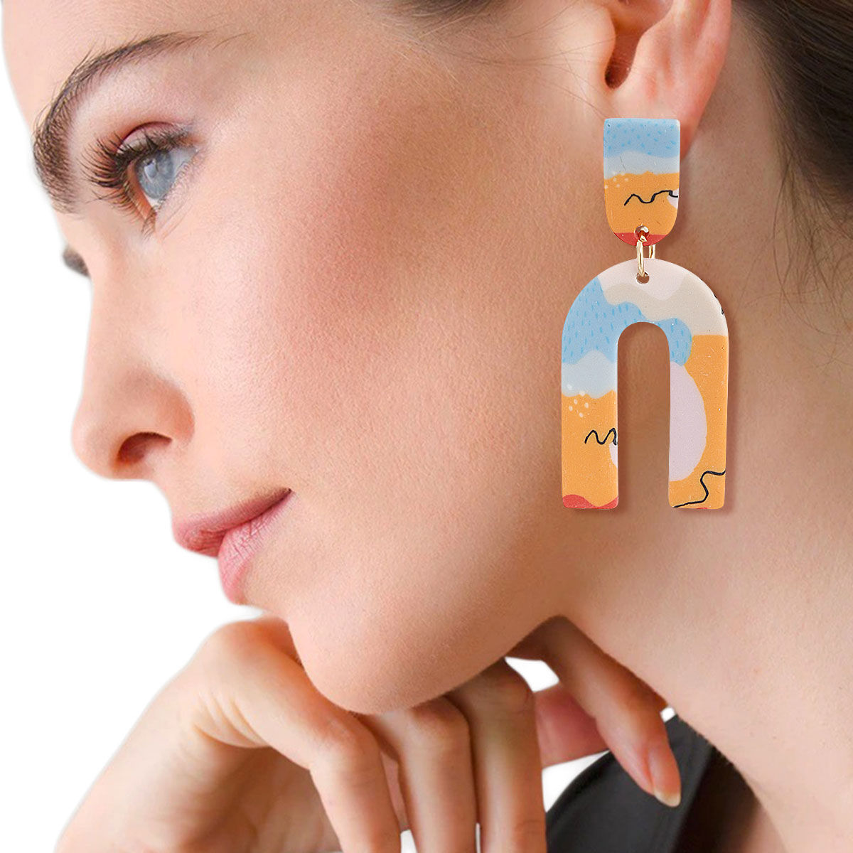 U Drop Earrings Orange Marbled Clay Stylish Statement Jewelry