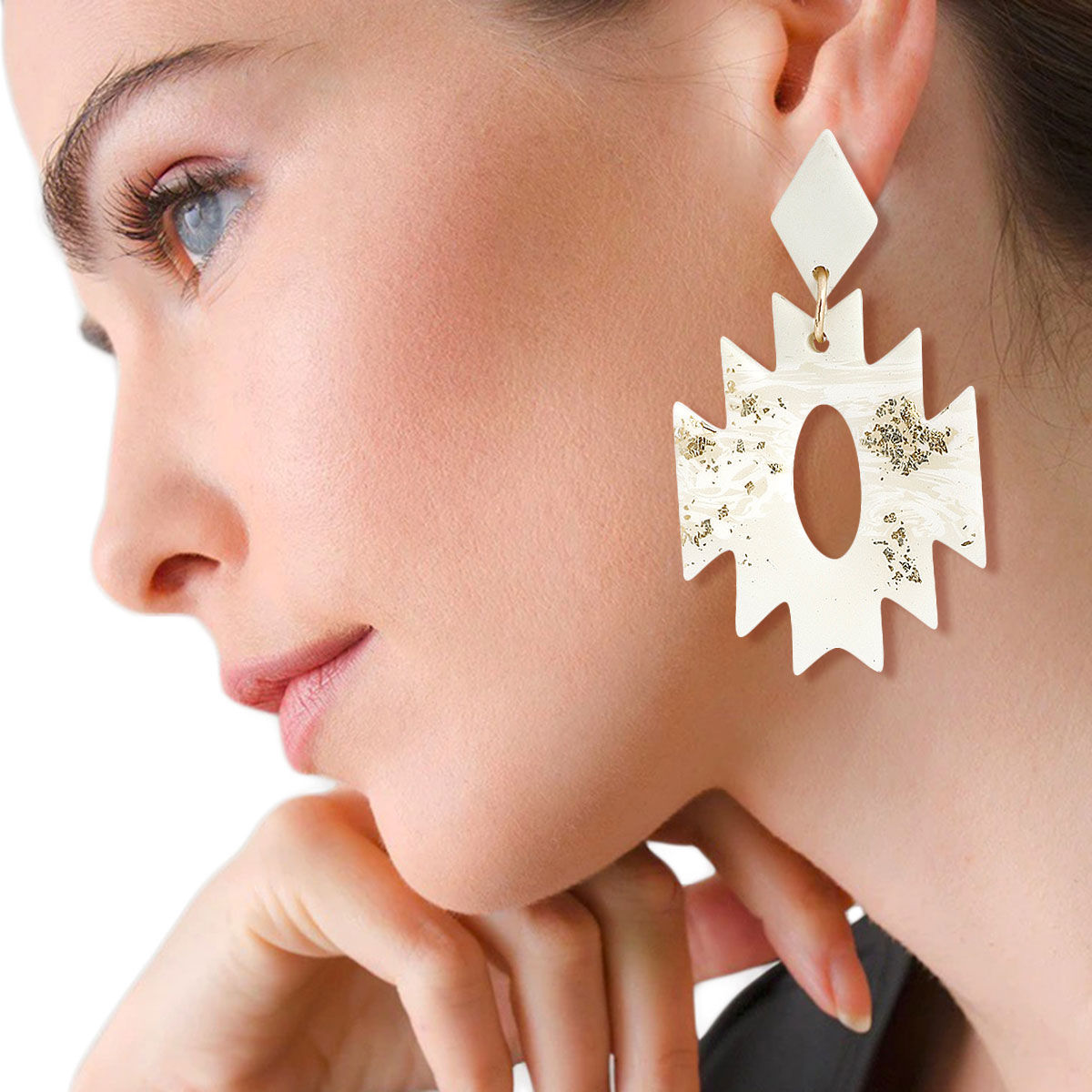 Statement Earrings White Marbled Clay Aztec Stylish Chic Jewelry