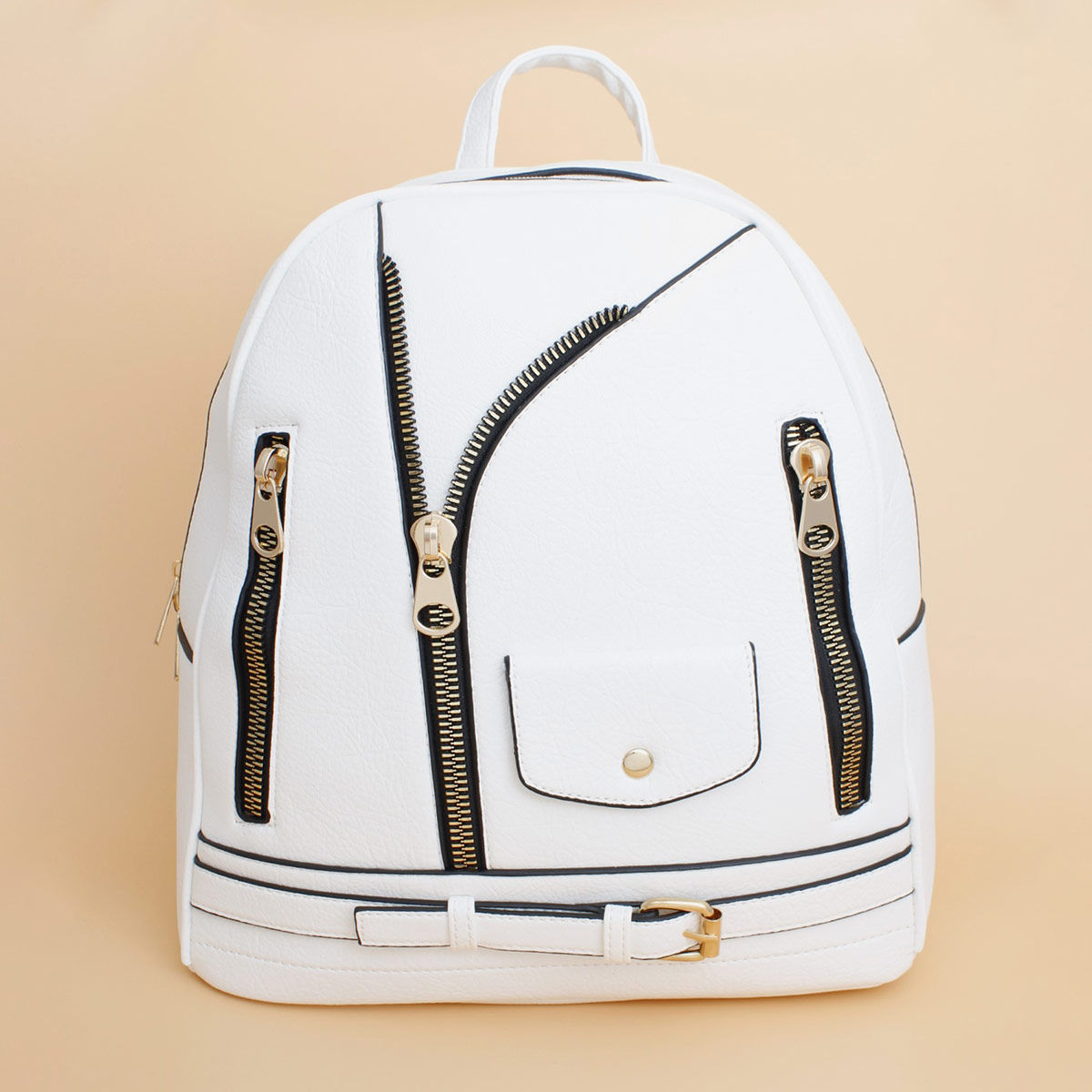 Women’s Medium Moto Backpack with White Zipper – Stylish Casual Bag