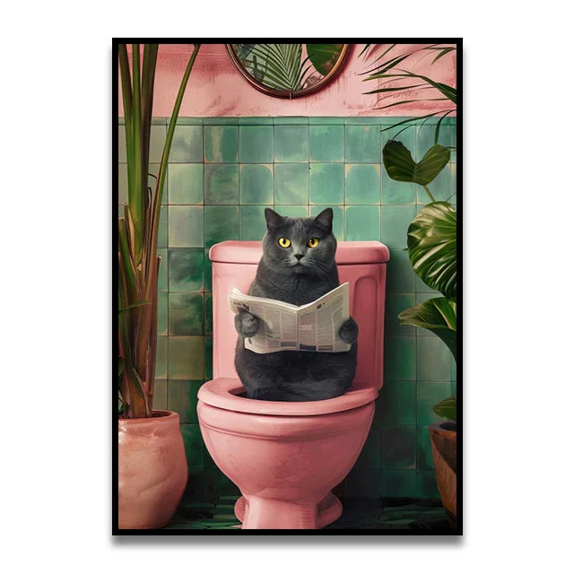 DecorBites™ Funny Bathroom Cat Reading Canvas Wall Art