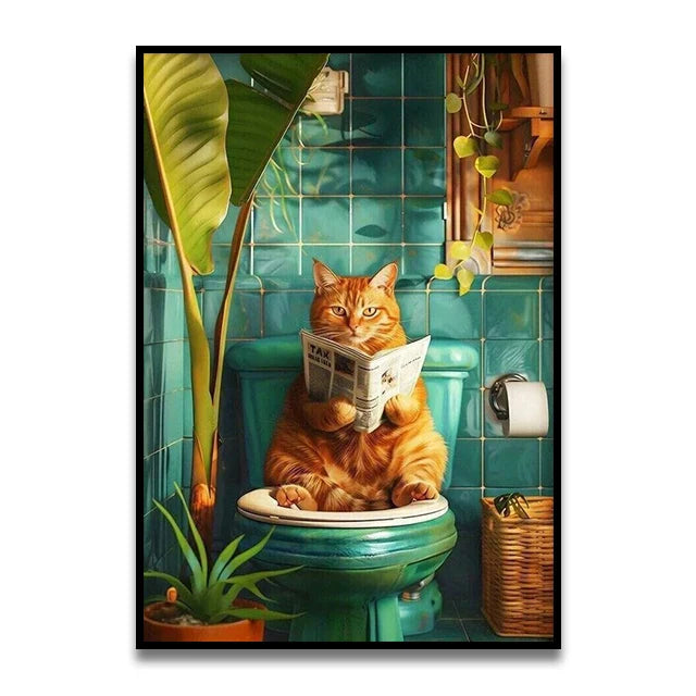 DecorBites™ Funny Cat Reading on Toilet Canvas Print