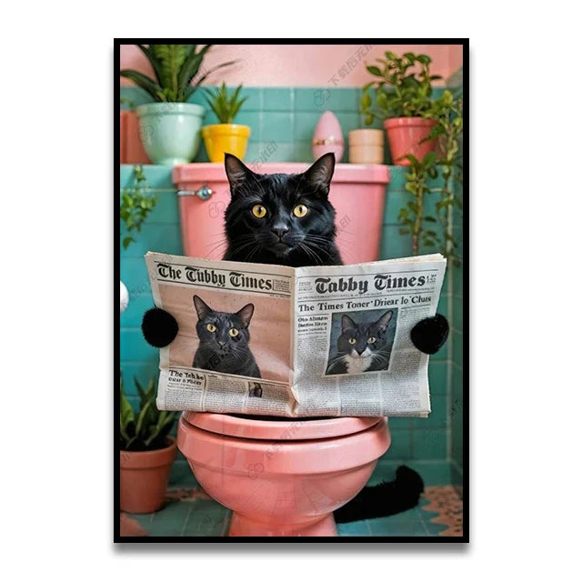 DecorBites™ Funny Cat Reading on Toilet Wall Art