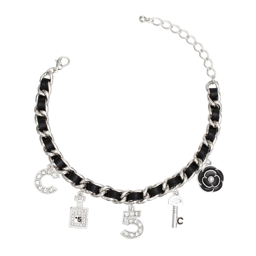 Anklet Black Woven Silver Chain with Camellia Charms Stylish Jewelry Accessory