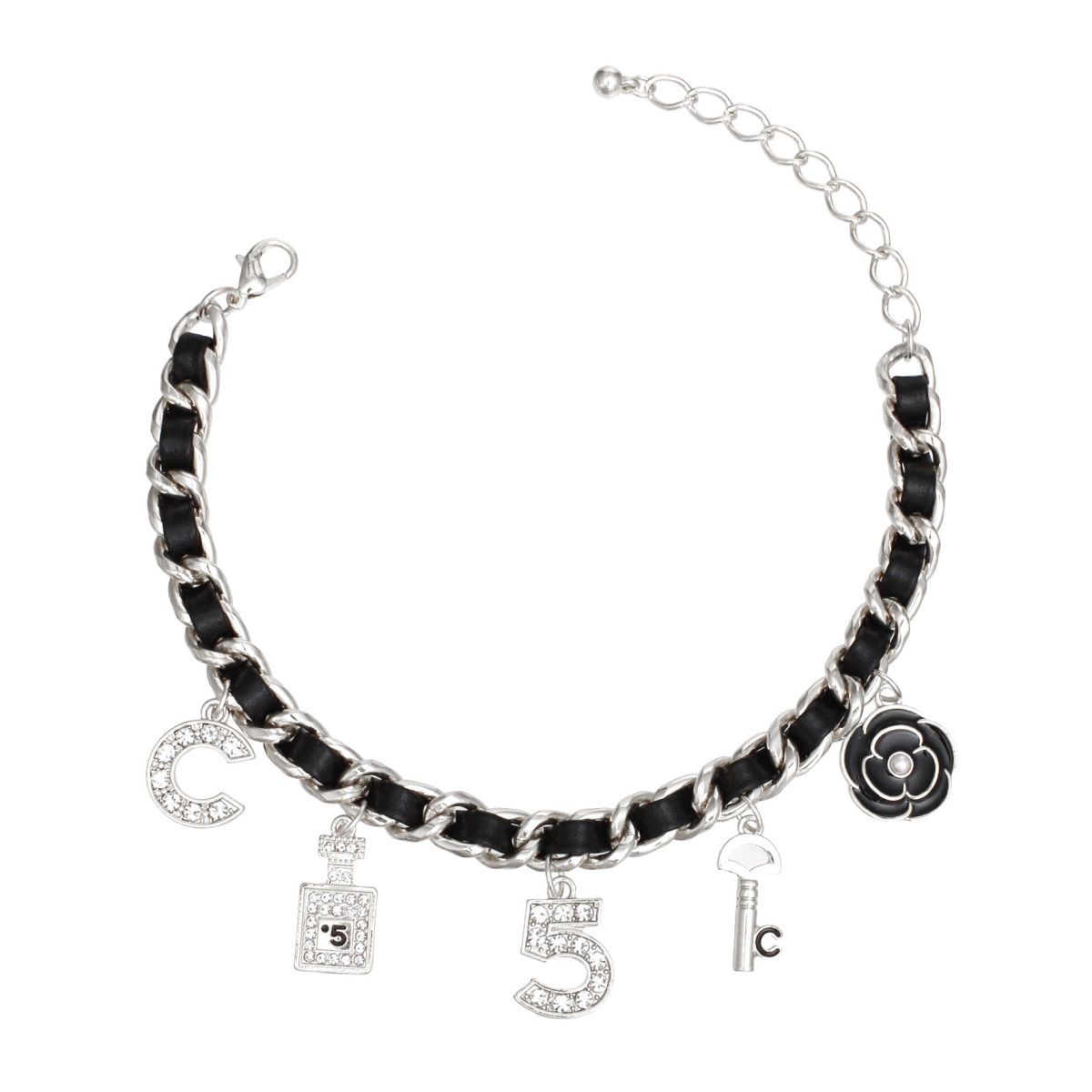 Anklet Black Woven Silver Chain with Camellia Charms Stylish Jewelry Accessory