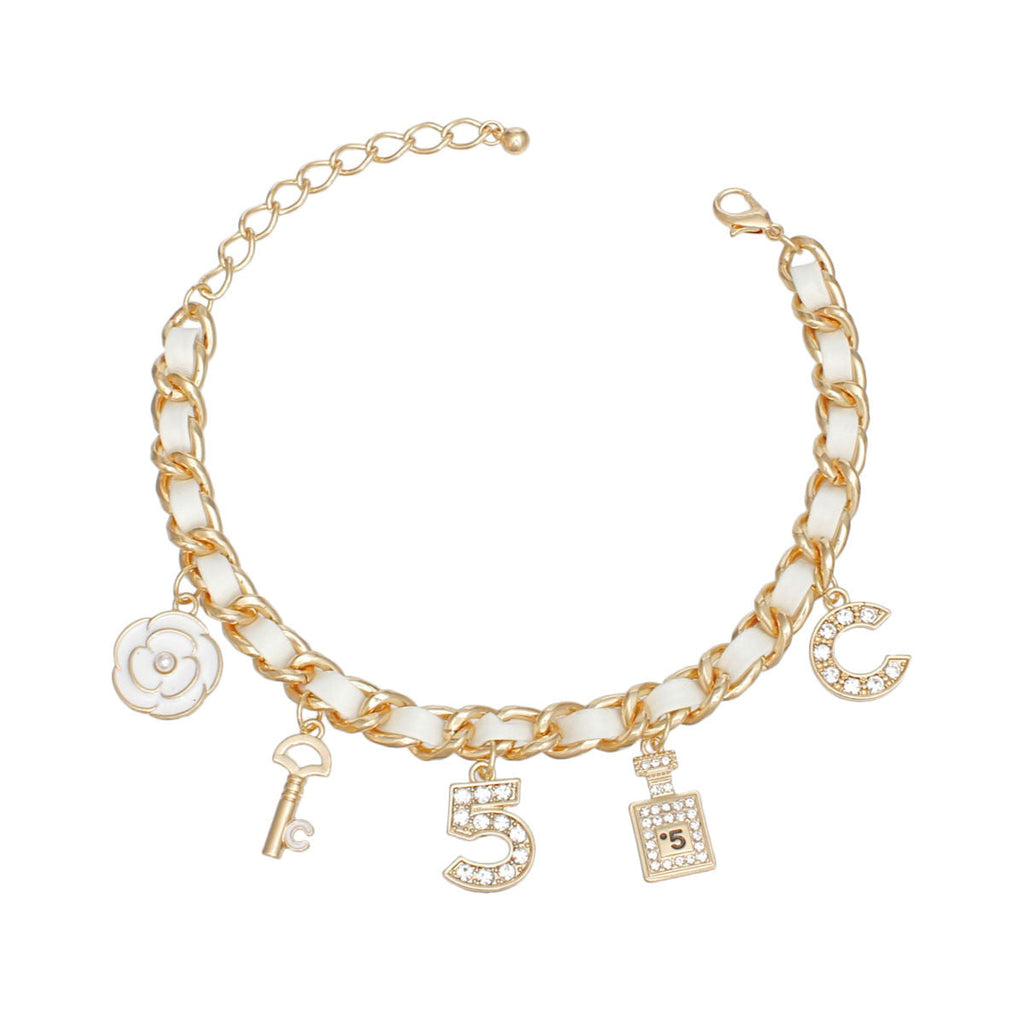 Woven White Anklet with Gold Chain and Camellia Charms – Stylish Fashion Jewelry