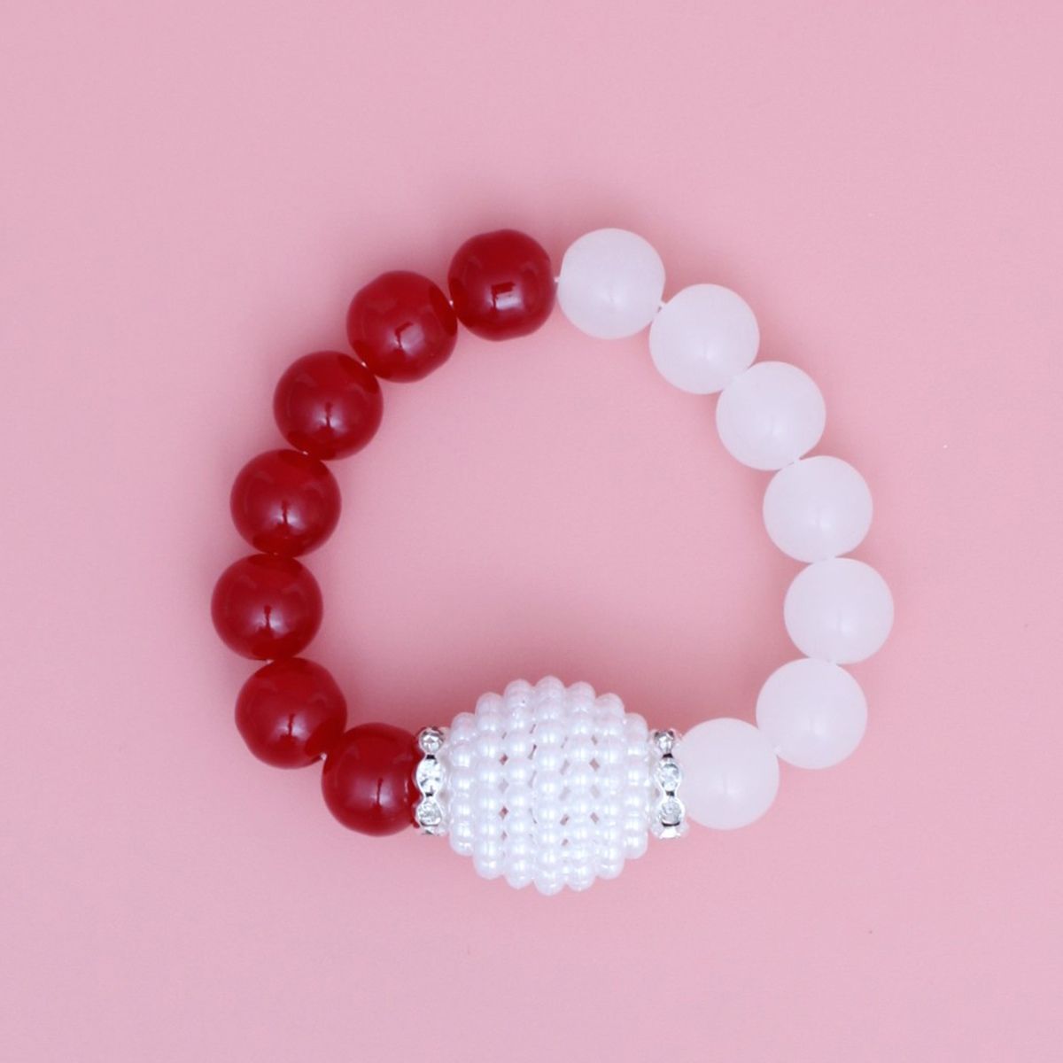 Glass Bead Bracelet with Red and White Pearls – Trendy Sorority Jewelry Accessory