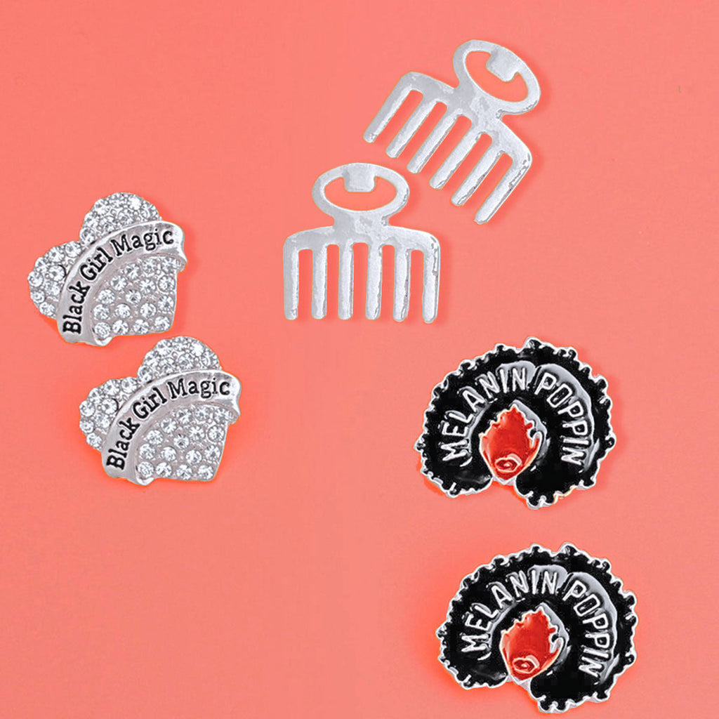 Afro Stud Earrings 3 Pcs Silver Black Girl Stylish Jewelry