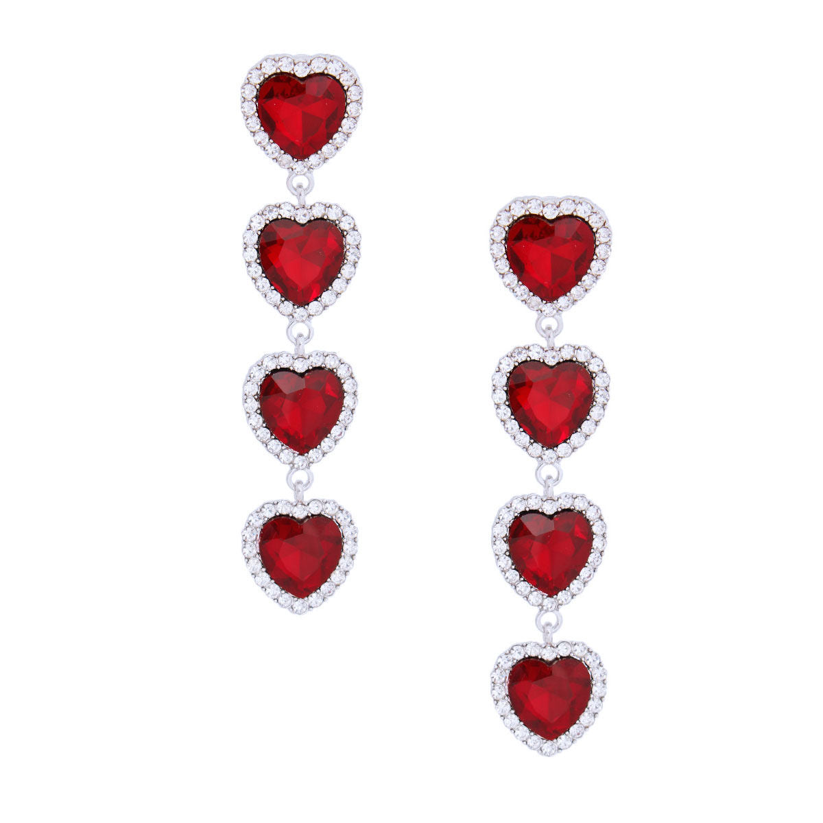 Statement Red Crystal Quad Heart Earrings Stylish Fashion Jewelry