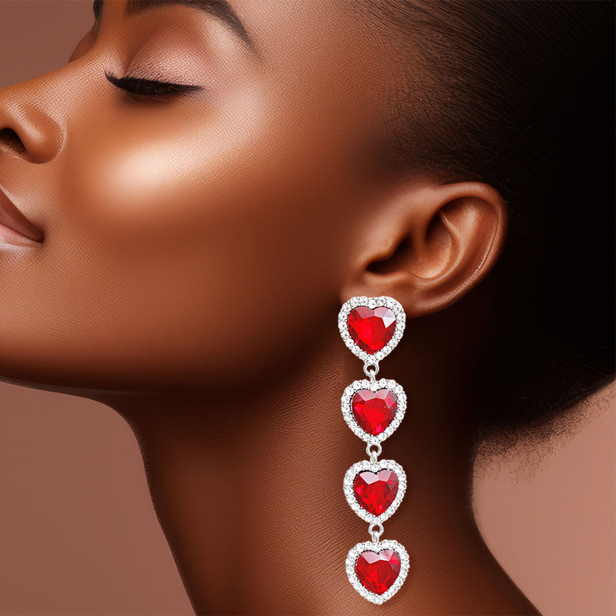 Statement Red Crystal Quad Heart Earrings Stylish Fashion Jewelry