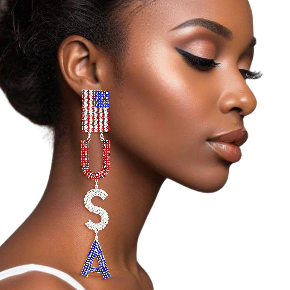 Dangle Earrings Long American Flag Bling Stylish Statement Jewelry